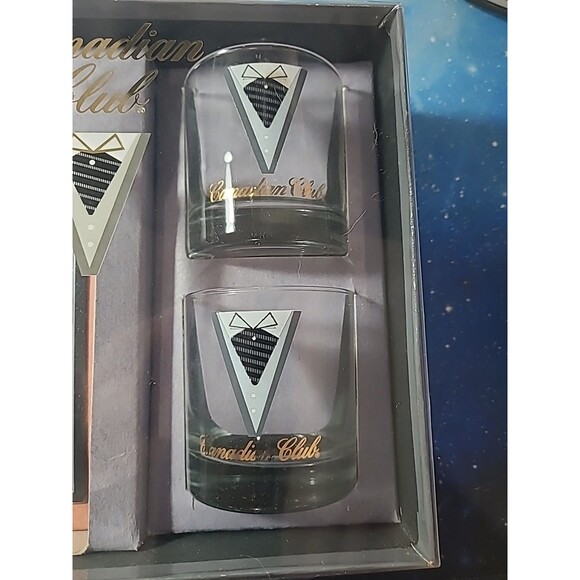 Vintage CANADIAN CLUB Whiskey Rocks Tumbler Low Ball Tuxedo Glasses Set of 2 - Picture 2 of 3